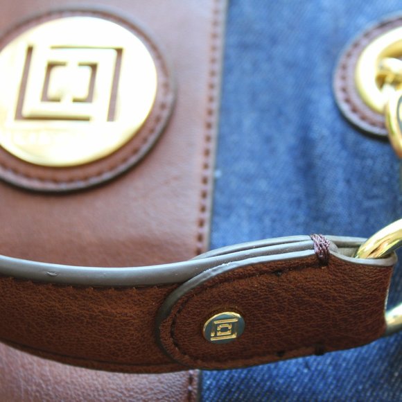 LIZ CLAIBORNE bag! Denim & brown faux leather, with gold tone hardware. - Picture 8 of 11